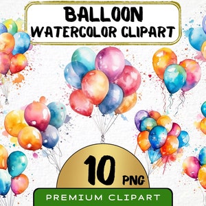 Palloncini colorati ad acquerello Clipart 10 PNG Vol. 2, Palloncini di buon compleanno, Invito, Tecnica mista, Uso commerciale, Download immediato