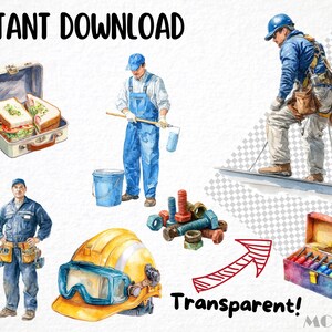 May include: Watercolor illustration featuring construction workers and tools. Includes a lunchbox with sandwiches, a hard hat with goggles, bolts, a toolbox with paint tubes, and the text "Instant Download" and "Transparent!"