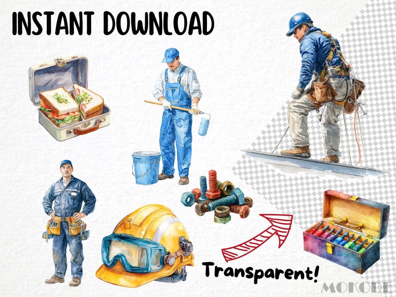 May include: Watercolor illustration featuring construction workers and tools. Includes a lunchbox with sandwiches, a hard hat with goggles, bolts, a toolbox with paint tubes, and the text "Instant Download" and "Transparent!"