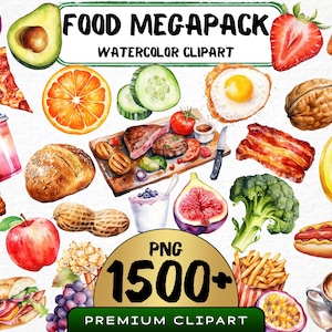 Food Megabundle Clipart, 1500 Png, Watercolor Fruits and Vegetables, Lunch Art, Food Graphics, Bread Png, Cake, Scrapbooking, Digital Prints