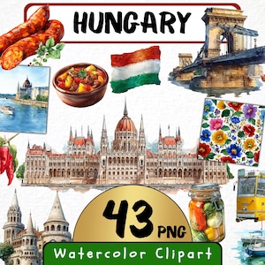 May include: Watercolor clipart set featuring Hungarian landmarks, food, and cultural symbols. Includes illustrations of the Hungarian Parliament Building, the Chain Bridge, a Hungarian flag, and traditional dishes like sausages and goulash.