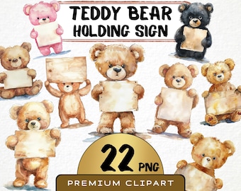 Watercolor Teddy Bear Sign Clipart, 22 PNG Digital Files