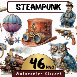 Può includere: Set di clipart ad acquerello con illustrazioni a tema steampunk. Include un cappello a cilindro marrone con occhiali, una mongolfiera, un treno, un telescopio, una pistola, un gufo con occhiali e un orologio da tasca. Il testo "STEAMPUNK" è in alto.