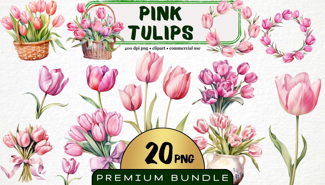 Pink Tulip Watercolor Clipart, Floral PNG Bundle (digital Download) - Etsy