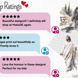 May include: Three customer reviews with five-star ratings for a shop called MokoDE. The reviews are about the quality of the designs and the printing on fabric. The reviews are accompanied by illustrations of people.