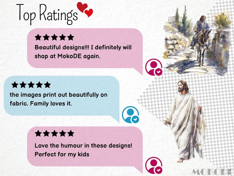 May include: Three customer reviews with five-star ratings for a shop called MokoDE. The reviews are about the quality of the designs and the printing on fabric. The reviews are accompanied by illustrations of people.