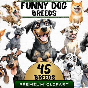 Imágenes prediseñadas de razas de perros divertidas 45 PNG, linda mascota de caricatura, cachorros extravagantes en acuarela, perro enojado, animal de dibujos animados, impresiones digitales para descargar, calcomanía