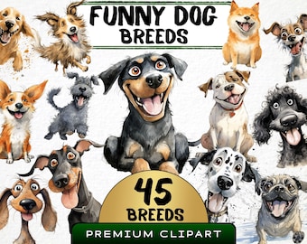 Funny Dog Breeds Clipart, Watercolor Caricature Puppies (Digital Download)