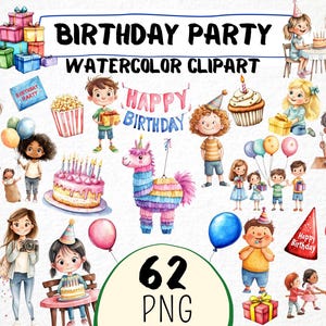 Clipart festa di compleanno per bambini acquerello 62 Png, illustrazione invito palloncino compleanno cartone animato, regali, stampe digitali, download immediato