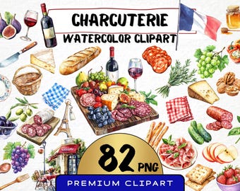 Watercolor Charcuterie Clipart, French Food, Picnic Graphics (82 PNG)