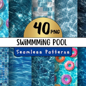 May include: A digital download of 40 seamless swimming pool patterns in PNG format. The patterns feature various blue and white tiles, water ripples, and floating inflatable donuts.