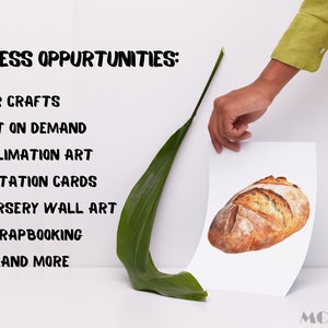 May include: A white sheet of paper with the text "ENDLESS OPPORTUNITIES:" and a list of crafting ideas, including "Paper Crafts", "Print on Demand", "Sublimation Art", "Invitation Cards", "Nursery Wall Art", "Scrapbooking", and "...AND MORE". A hand is holding the paper, and a loaf of bread is printed on the paper.