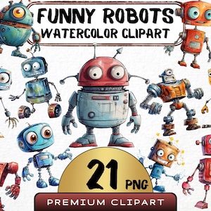 以下が含まれることがあります： 様々なポーズと色で描かれた、面白いロボットのウォーターカラークリップアート画像21点セット。ロボットはそれぞれ体形、サイズ、表情が異なります。画像の上部には「FUNNY ROBOTS WATERCOLOR CLIPART」というテキストが、下部には「21 PNG PREMIUM CLIPART」というテキストがあります。
