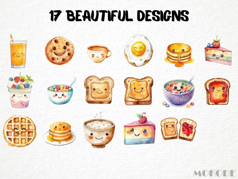 Watercolor Breakfast Clipart, Kawaii Food Graphics (17 PNG) Commercial ...