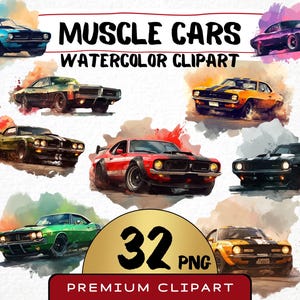 May include: A set of 32 watercolor clipart images of classic muscle cars. The cars are in various colors, including red, blue, green, yellow, and black. The images are perfect for use in digital scrapbooking, card making, and other craft projects.
