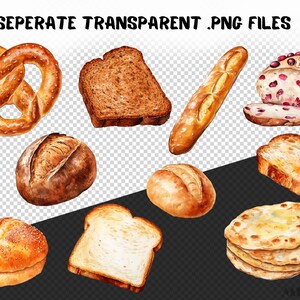 May include: A collection of watercolor illustrations of various breads, including a pretzel, a loaf of sourdough, a baguette, a slice of cranberry bread, a hamburger bun, a slice of white bread, a round roll, and a stack of flatbreads.