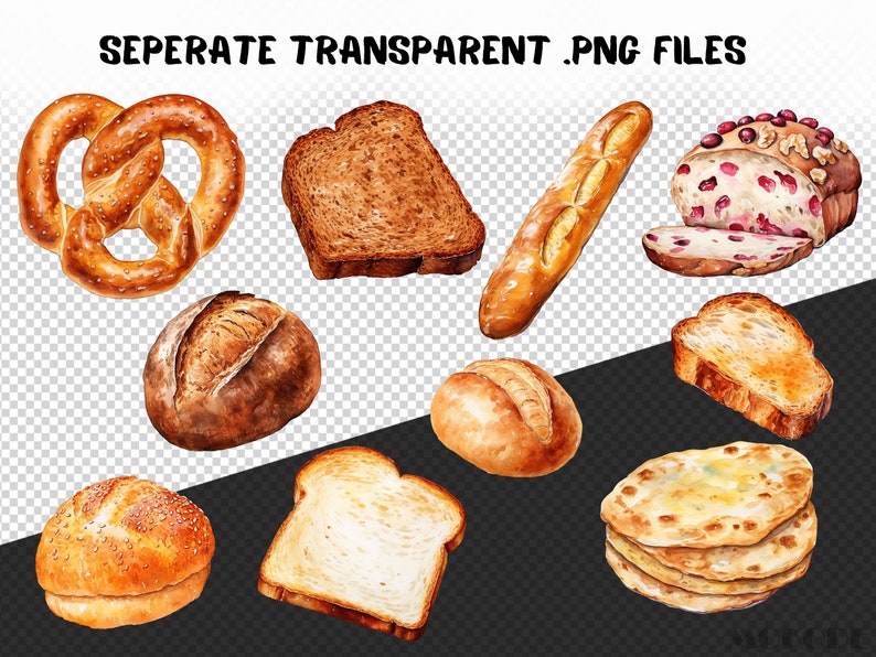 May include: A collection of watercolor illustrations of various breads, including a pretzel, a loaf of sourdough, a baguette, a slice of cranberry bread, a hamburger bun, a slice of white bread, a round roll, and a stack of flatbreads.