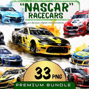 Nascar aquarel clipart, set van 33, racewagen clipart bundel, autokwekerij voor zoon, Racing png, racewagen afbeelding, instant download digitale kunst