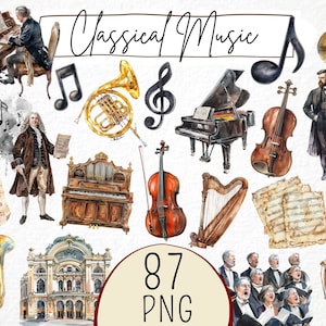 Clipart de música clásica 87 Png, violín sinfónico de orquesta de acuarela, piano Png, trompeta de metal, arte digital de trompa francesa, uso comercial