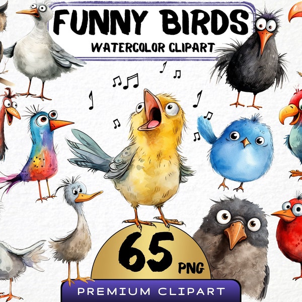 Funny Little Birds Clipart 65 Png, Cute Caricature Birds, Quirky Owl Watercolor, Cartoon Parrot, Baby Chick Png, Digital Print Scrapbooking