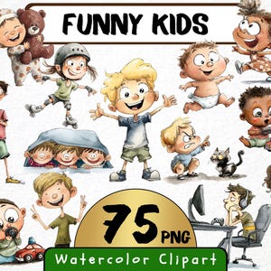 Clipart de niños divertidos (75 PNG), ilustración de acuarela de un niño y una niña jugando, regalo original para bebé, impresiones digitales, descarga instantánea