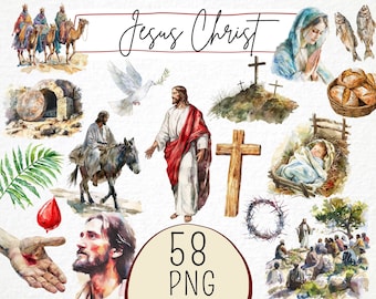 Jesus Christ Watercolor Clipart, Bible Stories, Christian Religious Illustrations (58 PNG)