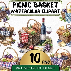 Aquarel picknickmand clipart 11 png, Franse gerechten graphics, zomerkamperen, Franse keuken, digitale prints, wijn clipart, commercieel gebruik