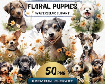 Watercolor Floral Puppy Clipart, 50 PNG, Commercial Use