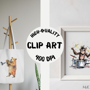 May include: Two watercolor illustrations, one of a bear playing a trumpet and the other of a monkey playing drums. Both illustrations are on white tote bags and in white frames. The text "HIGH-QUALITY CLIP ART 400 DPI" is in a circle on a white background.