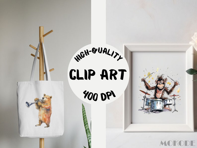May include: Two watercolor illustrations, one of a bear playing a trumpet and the other of a monkey playing drums. Both illustrations are on white tote bags and in white frames. The text "HIGH-QUALITY CLIP ART 400 DPI" is in a circle on a white background.