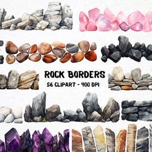 Bordures de roche aquarelle - 56 cliparts, graphiques en pierre à faire soi-même, éléments de scrapbooking, bordures de papeterie pour fabrication de cartes, usage commercial