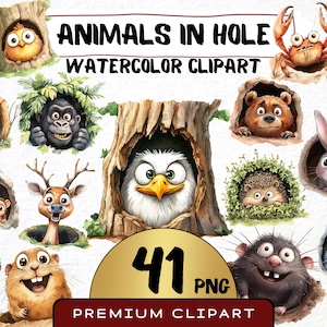 Funny Animals in Hole Clipart 41 Png, Cute Caricature Pets, Peeking Dog Watercolor, Quirky Monkey Cartoon, Digital Prints, Sticker Scrapbook