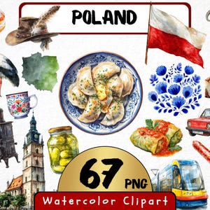 Puede incluir: Conjunto de imágenes prediseñadas de acuarela con elementos culturales polacos. Incluye una bandera polaca, pierogi, un coche rojo, una cigüeña, un sombrero tradicional, un carnero, una iglesia, un autobús, una salchicha y el texto "Poland" y "67 PNG Watercolor Clipart".