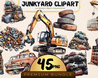 Junkyard Clipart Bundle Scrap Metal Graphics, Set of 45, Excavator Png, Rusted Nuts and Bolt, Junkyard Illustration, Trash Clipart Tire Pile