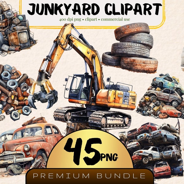 Junkyard Clipart Bundle Scrap Metal Graphics, Set of 45, Excavator Png, Rusted Nuts and Bolt, Junkyard Illustration, Trash Clipart Tire Pile