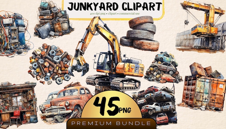 Watercolor Junkyard, Metal Clipart, Nuts ans Bolts, Rusted Metals Clipart, Junkyard Clipart, Junkyard Graphics, Tire Pile Illustrations, Trash Clipart, Crushed Cars, Junkyard Cars, Electromagnet Junkyard, Excavator Png, Scrap Metal Graphics