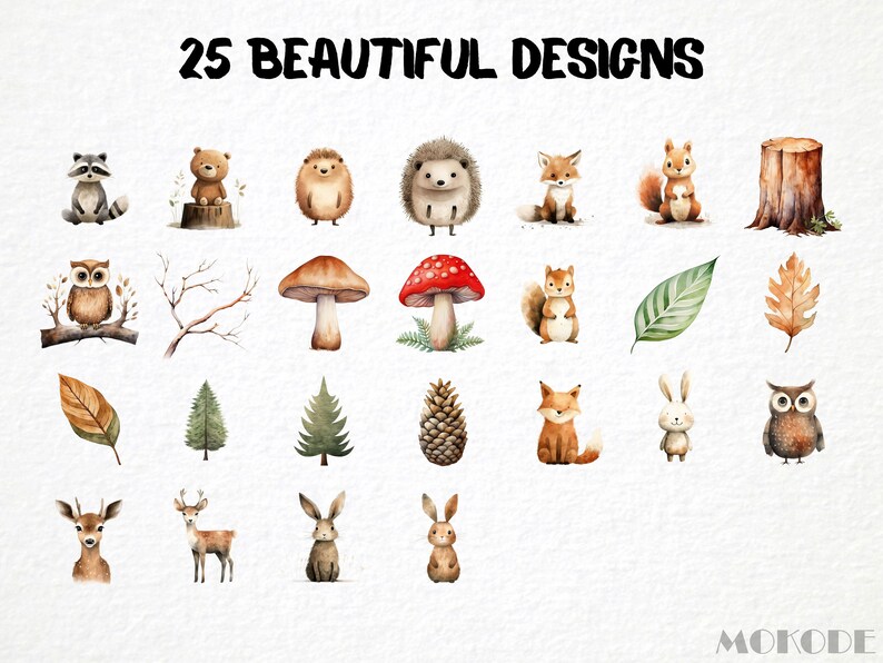 woodland animals, nursery clipart, watercolor illustration, kids decor, digital art, instant download, forest creatures, baby shower, woodland theme, graphic design, PNG files, nature-inspired art, whimsical animals, printable art