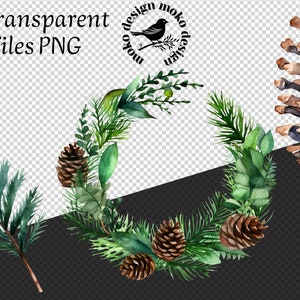 May include: Watercolor illustration of a wreath made of pine branches and leaves, with pine cones and a bird. The wreath is a circle and the bird is perched on a branch. The illustration is on a transparent background.
