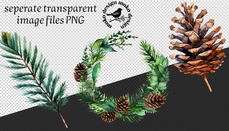 May include: Watercolor illustration of a wreath made of pine branches and leaves, with pine cones and a bird. The wreath is a circle and the bird is perched on a branch. The illustration is on a transparent background.