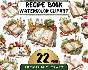 Watercolor Recipe Book Clipart, Kitchen Art (Digital Prints)