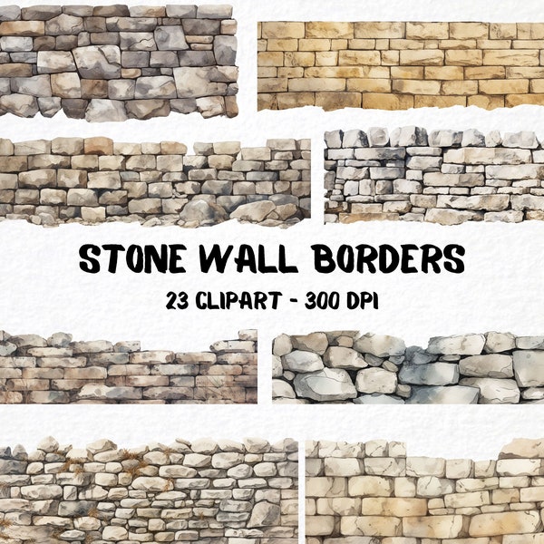 Watercolor Stone Wall Borders 23 Png Clipart Bundle, DIY Graphics, Scrapbooking Elements, Card Making Stationery Borders, Commercial Use