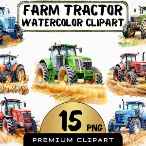 Clipart trattore agricolo acquerello 15 Png, grafica lavoro sul campo agricolo, trattore verde, campo di grano, scrapbooking, stampe digitali, uso commerciale