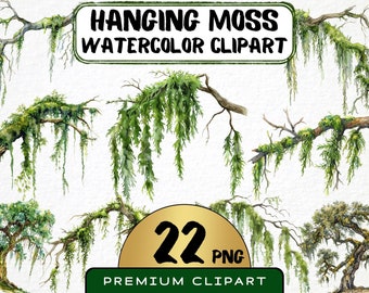 Watercolor Hanging Moss Clipart 22 Png, Spanish Moss Graphics, Overgrown Branch Art, Crafting Digital Prints, Card Making, Instant Download