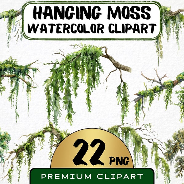 Watercolor Hanging Moss Clipart 22 Png, Spanish Moss Graphics, Overgrown Branch Art, Crafting Digital Prints, Card Making, Instant Download