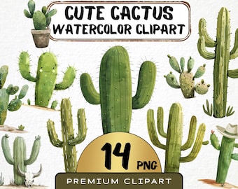 Watercolor Cute Cactus Clipart 14 Png, Texas Desert Succulent, Graphics, Digital Prints, Instant Download, Commercial Use