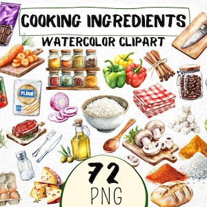 Ingredientes de cocina en acuarela (72 imágenes PNG), gráficos para hornear, utensilios de cocina, arte culinario vegetal, pasta, impresiones digitales, uso comercial