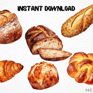 May include: A collection of six different types of bread, including a round loaf, a baguette with sesame seeds, a loaf with a sliced top, a croissant, a round loaf with a swirl design, and a round loaf with a crusty exterior.