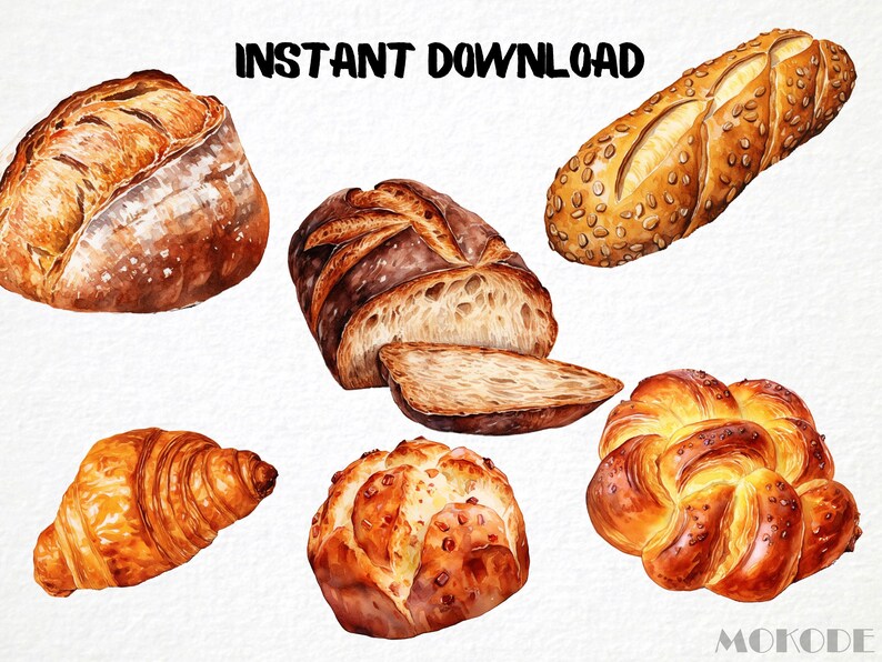 May include: A collection of six different types of bread, including a round loaf, a baguette with sesame seeds, a loaf with a sliced top, a croissant, a round loaf with a swirl design, and a round loaf with a crusty exterior.