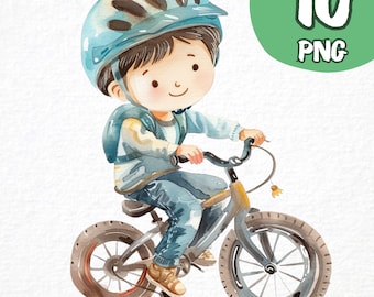 Watercolor Boy Riding Bike Clipart, Kids Illustration (PNG, Digital Download)