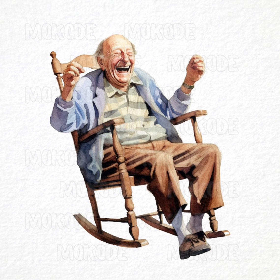 Funny Grandpa Rocking Chair Clipart, Watercolor Caricature (PNG Digital ...